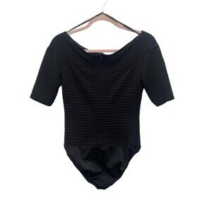 TADASHI SHOJI Black Short Sleeve Asymmetrical Neck Line Body Suit Size S